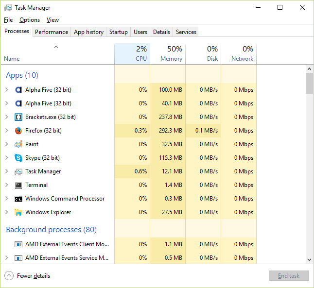 Processes tab in Windows Task Manager